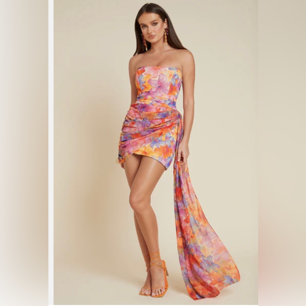 Floral Strapless Orange & Pink Mini Dress with Draped Train NWT